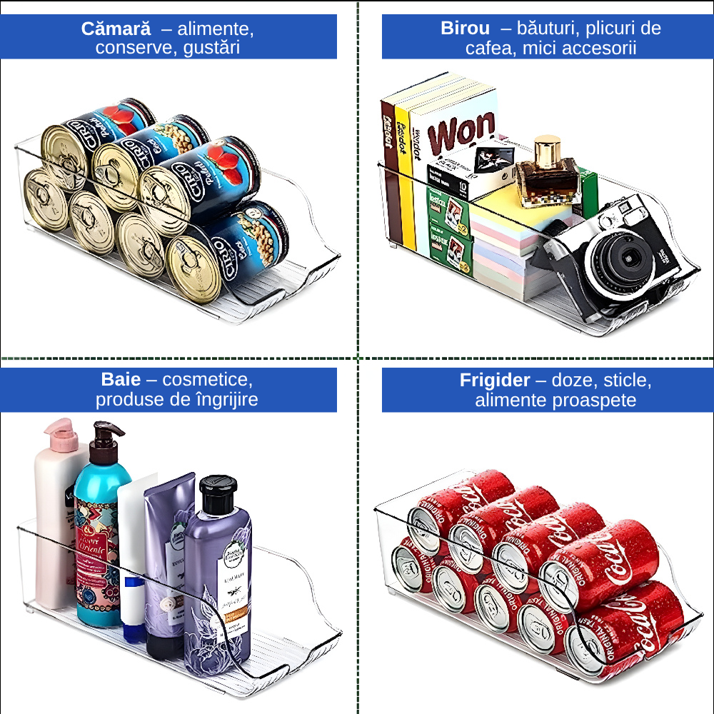 Cutii depozitare doze bauturi in frigider Koken, cutii alimentare 34,5x14,5x9cm, Multifunctionale si usor de curatat, organizare frigider, bucatarie, camara, Plastic, Transparent