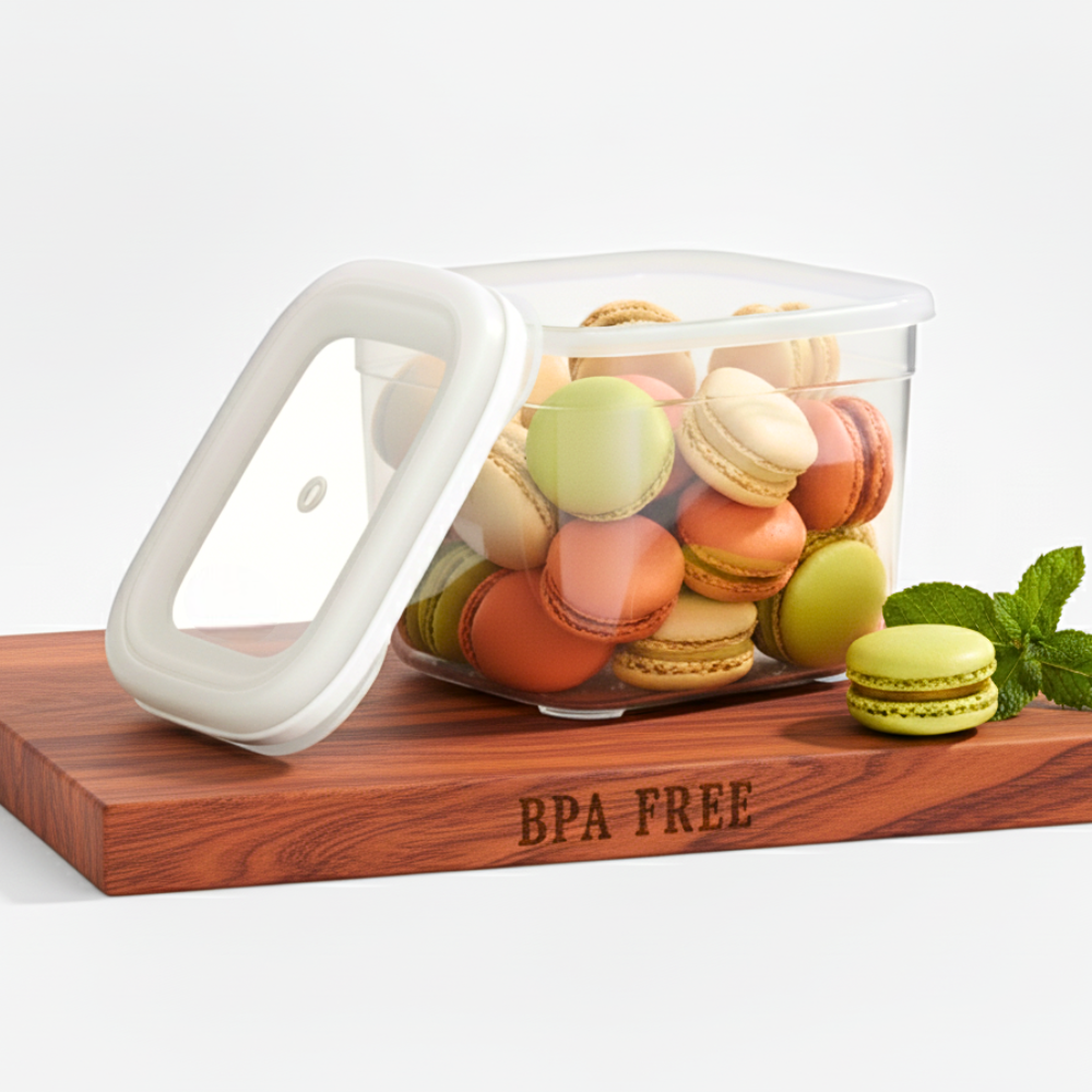 Cutia din plastic Koken 0.6 L, BPA FREE, transparenta, cu macarons pe o plansa de lemn rosu.