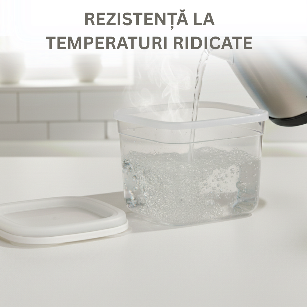 Recipientul din plastic transparent Koken, pentru alimente. Recipientul se afla pe un blat alb in bucatarie. In recipient se toarna apa fierbinte din ceainic pentru a arata rezistenta cutiei la temperaturi ridicate.