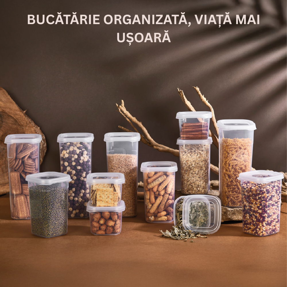 Cutii de depozitare alimente Koken intr-un studio profesional la filmare. Deasupra text - bucatarie organizata - viata mai usoara.