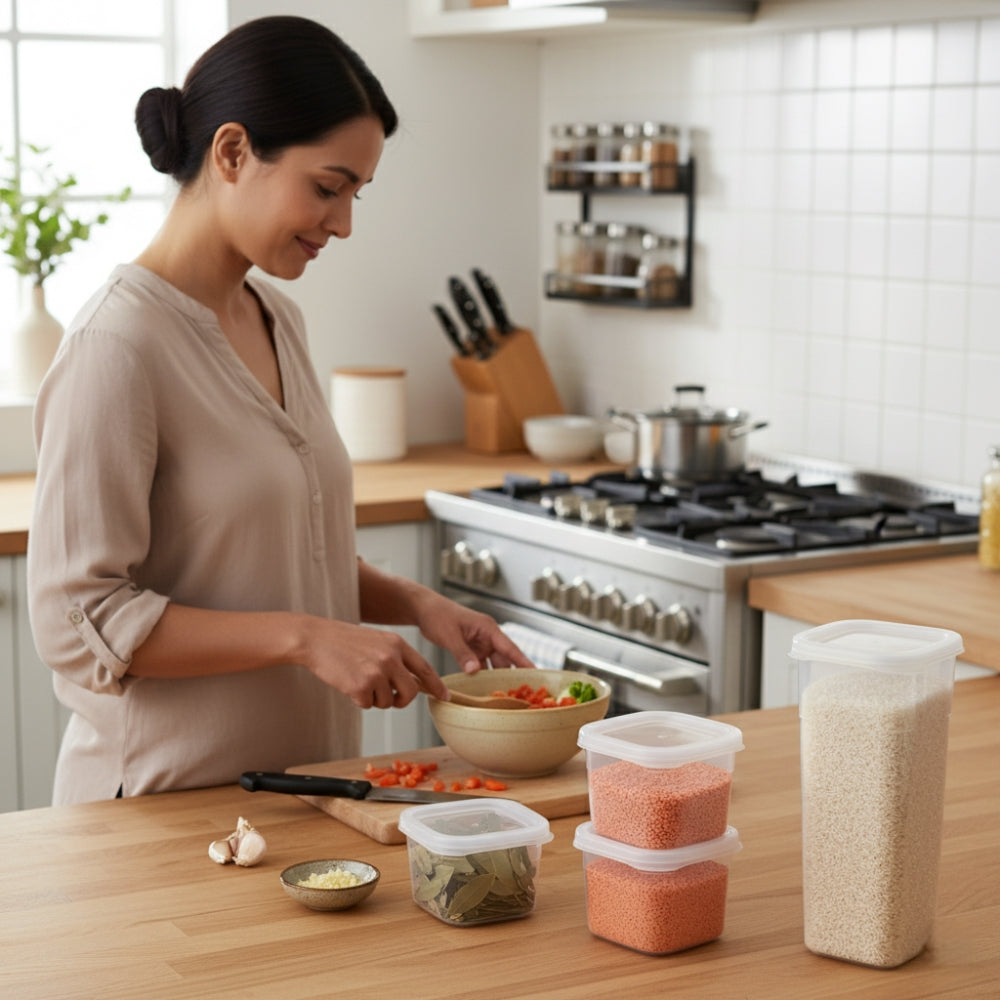 O femeie gateste la bucatarie si pe masa langa tocator stau cateva recipiente cu alimente Koken. 