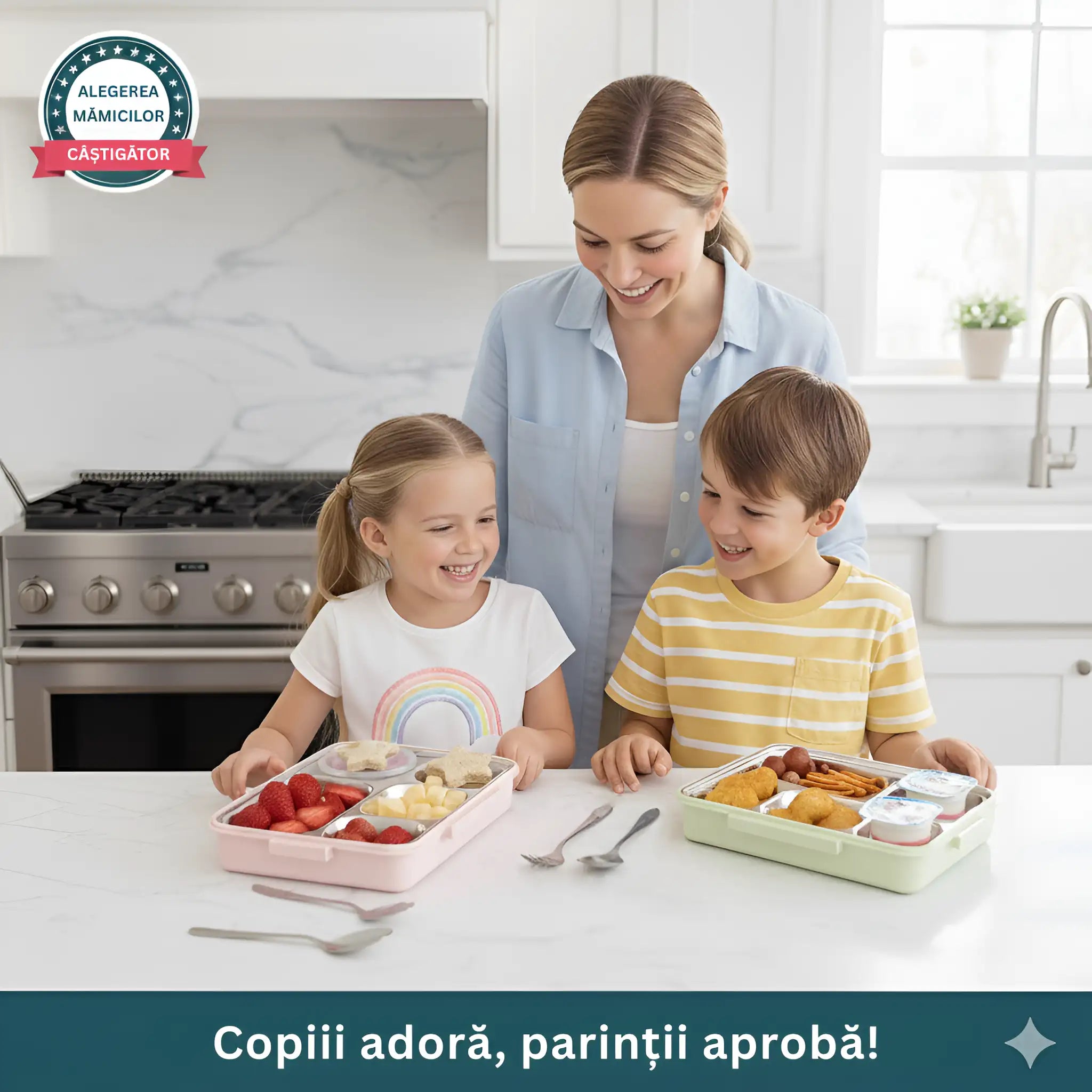 Cutie de pranz terminca, etansa, pe masa, in fata la 2 copii, mama sta din spate, toti se bucura.