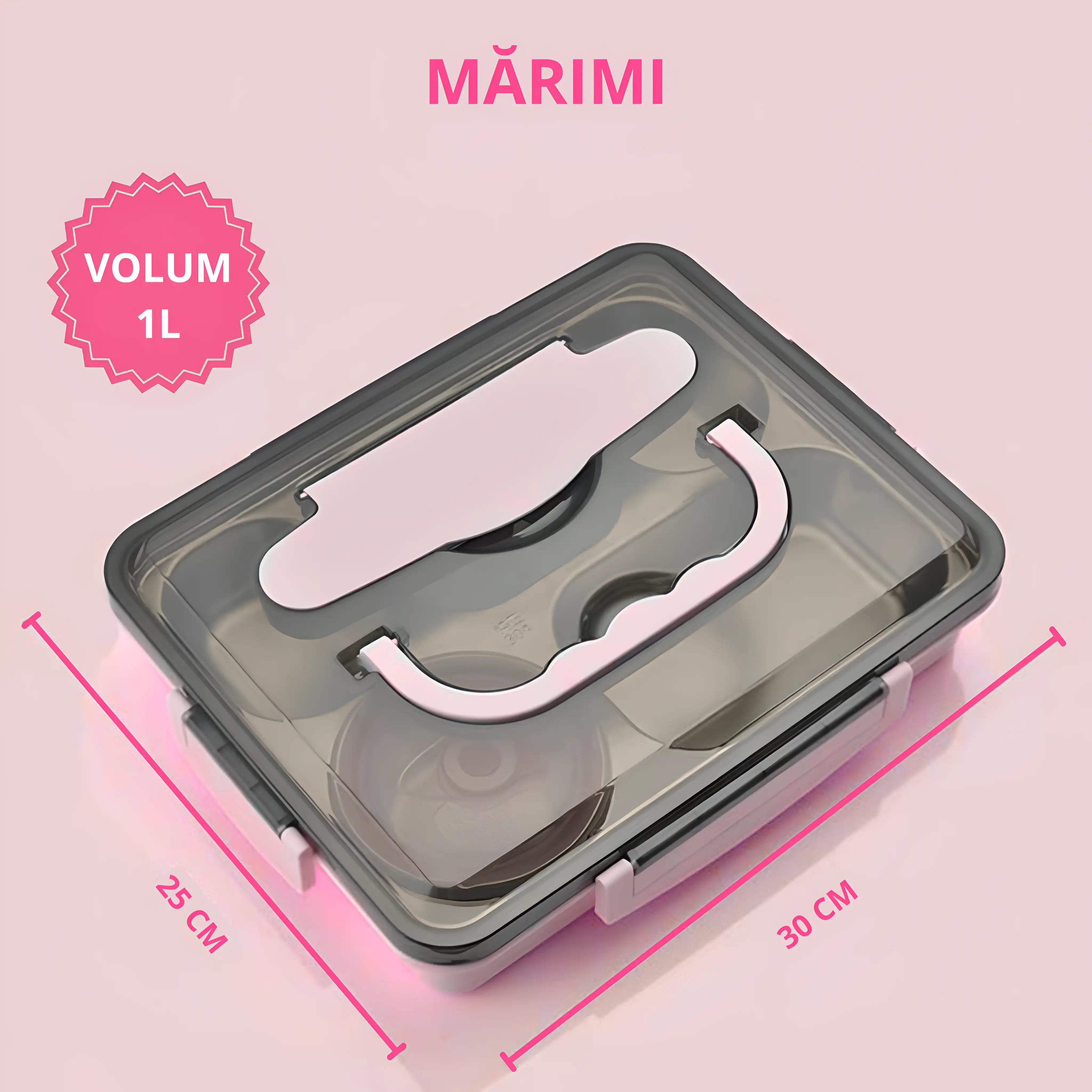 Cutie de pranz pentru copii scoala, de culoare roz, cu 5 compartimente, cu lingura si furculita inclusa, etansa, marimi 25 pe 30 cm, volum 1L.