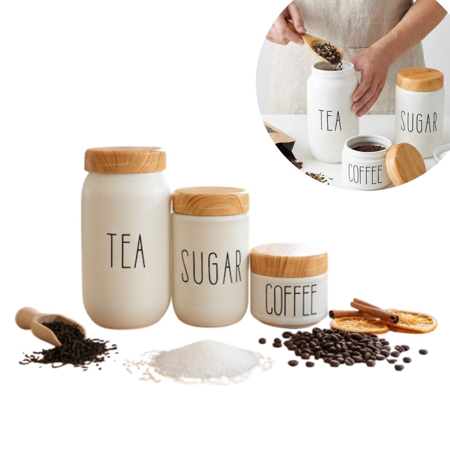 Set 3 Recipiente sticla cu capac de plastic fara BPA, Koken, Borcane inscriptionate cu SUGAR, TEA COFFEE, Alb
