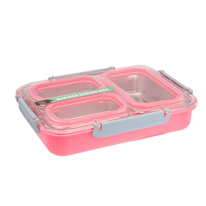 Cutie pentru pranz Koken, Lunch box Otel inoxidabil, Caserola copii scoala cu 3 Compartimente, 27,5 x 20,6 cm, Roz