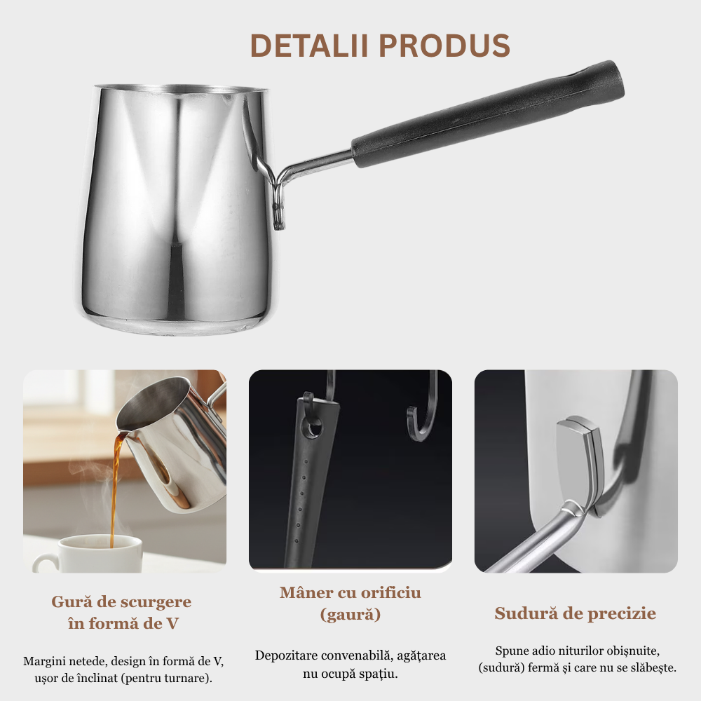 Ibric din Otel Inoxidabil pentru Cafea turceasca Koken, 1000ml, cu Maner, Usor de curatat, Oală Turcească pentru Cafea si Spumare Lapte, Dispozitiv Versatil de Topire