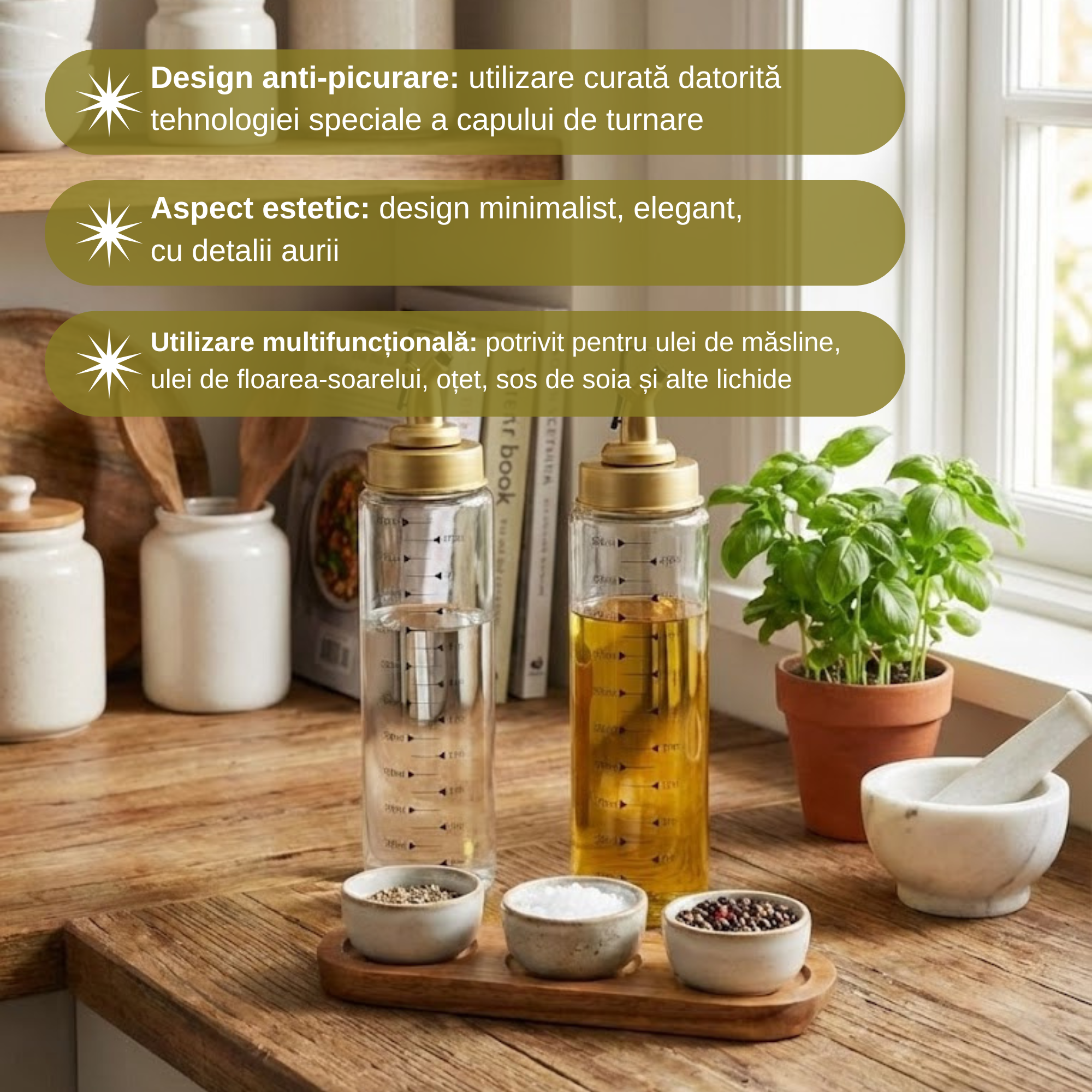 Oliviera multifunctionala Koken, capac plastic anti-picurare, 500 ml cu gradatie, Sticlă de ulei, Ulei, Otet Balsamic sau alte Lichide, Transparent/Auriu