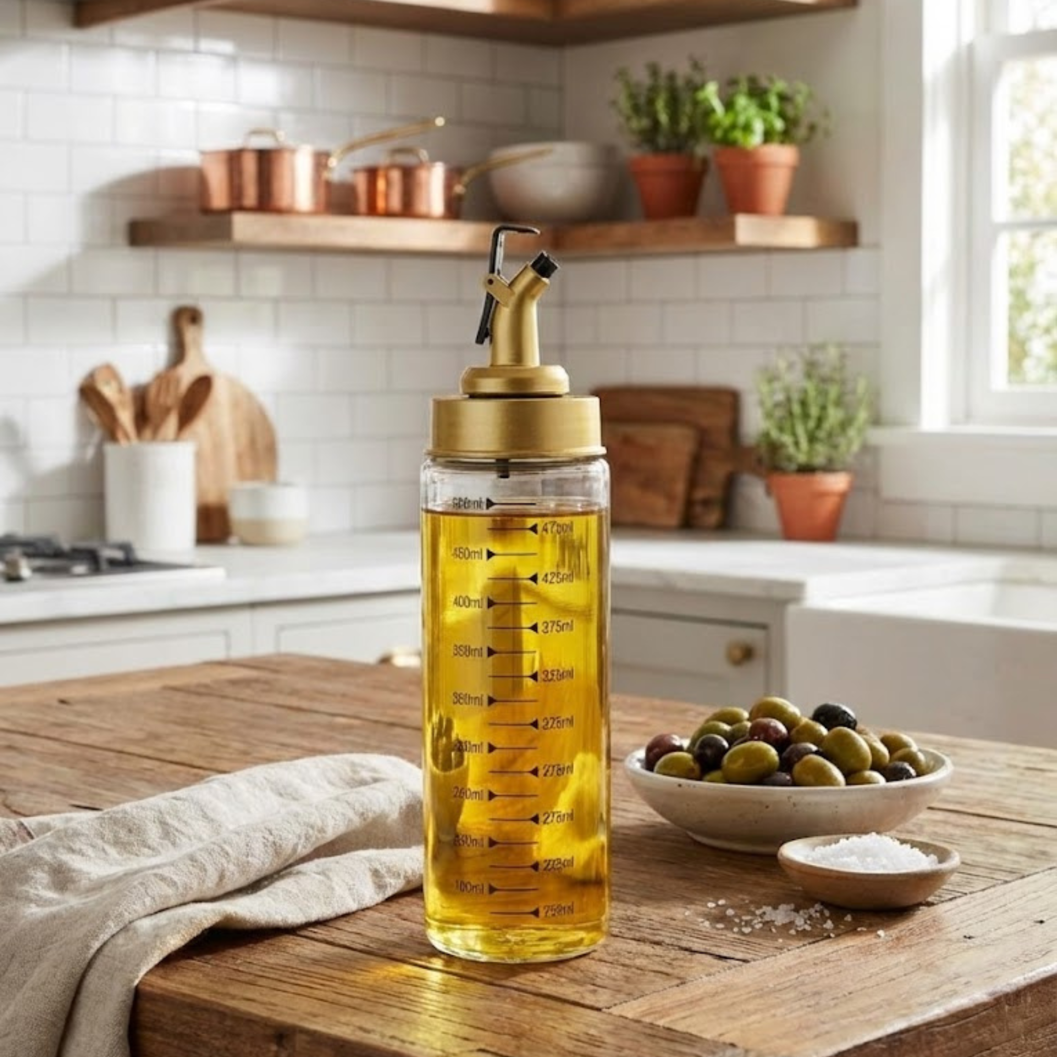 Oliviera multifunctionala Koken, capac plastic anti-picurare, 500 ml cu gradatie, Sticlă de ulei, Ulei, Otet Balsamic sau alte Lichide, Transparent/Auriu