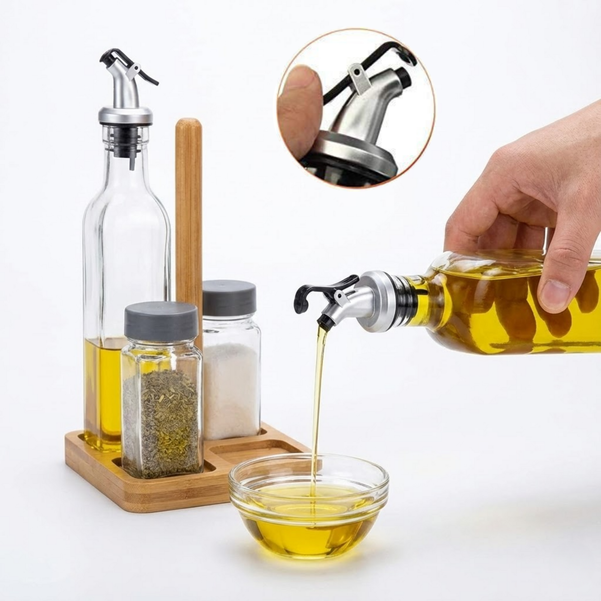 Set 2 Oliviere si 2 Recipiente sticla pentru Condimente Koken, Suport Bambus, capac plastic anti-picurare, Ulei, Otet Balsamic sau alte Lichide,
