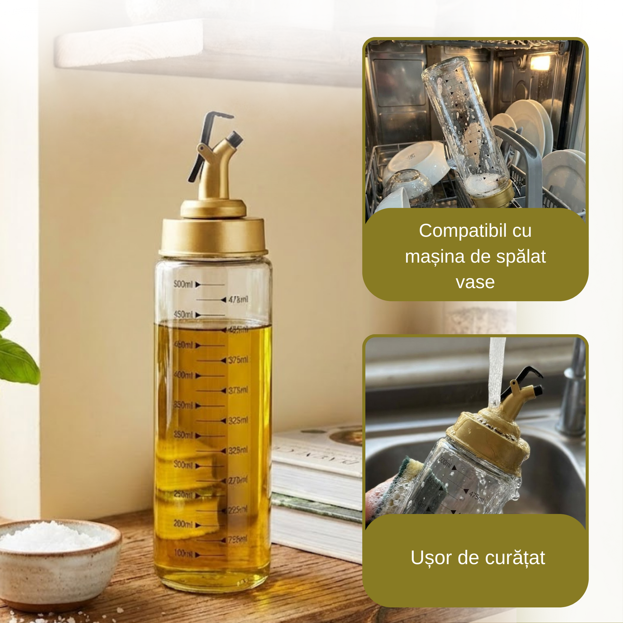 Oliviera multifunctionala Koken, capac plastic anti-picurare, 500 ml cu gradatie, Sticlă de ulei, Ulei, Otet Balsamic sau alte Lichide, Transparent/Auriu