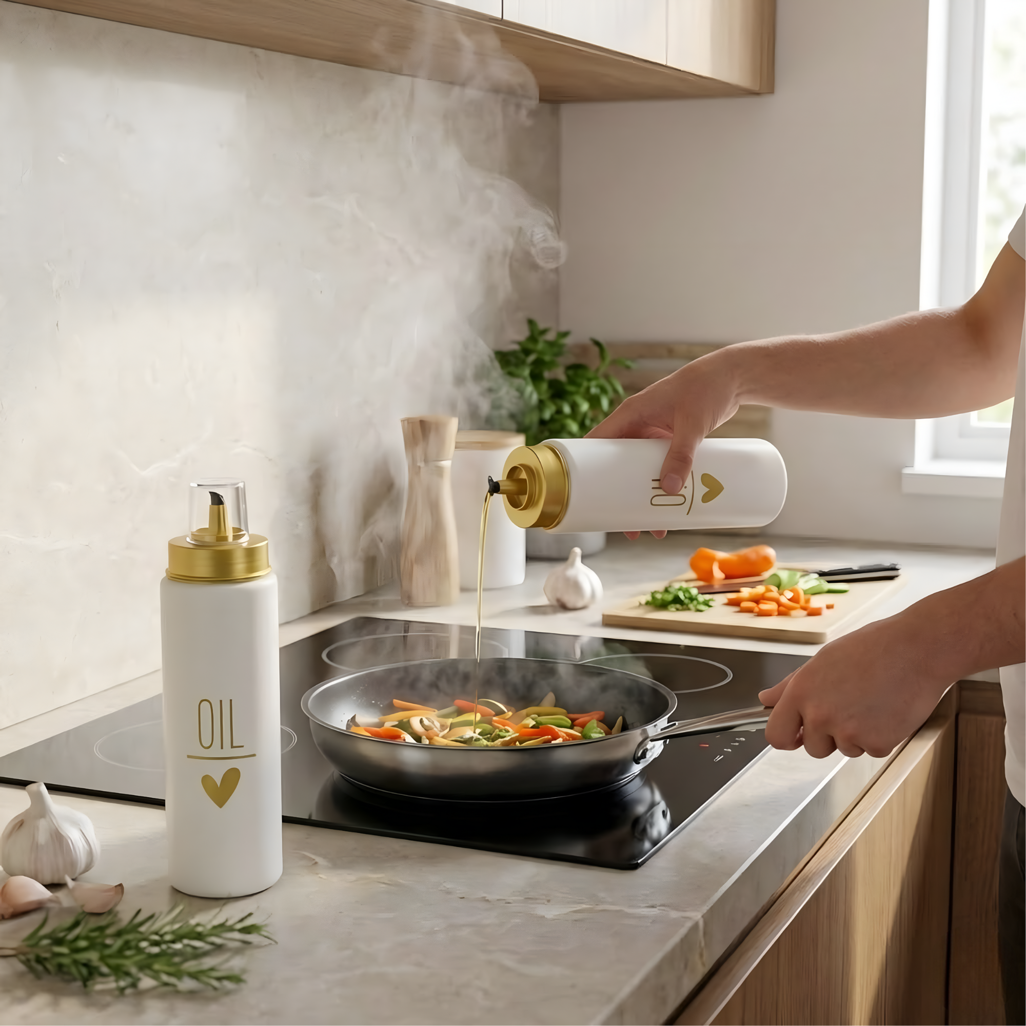 Set 2 Oliviere din sticlă pentru ulei – 550 ml, cu capac plastic anti-picurare, recipiente pentru ulei, design elegant „OIL”, Alb/Auriu