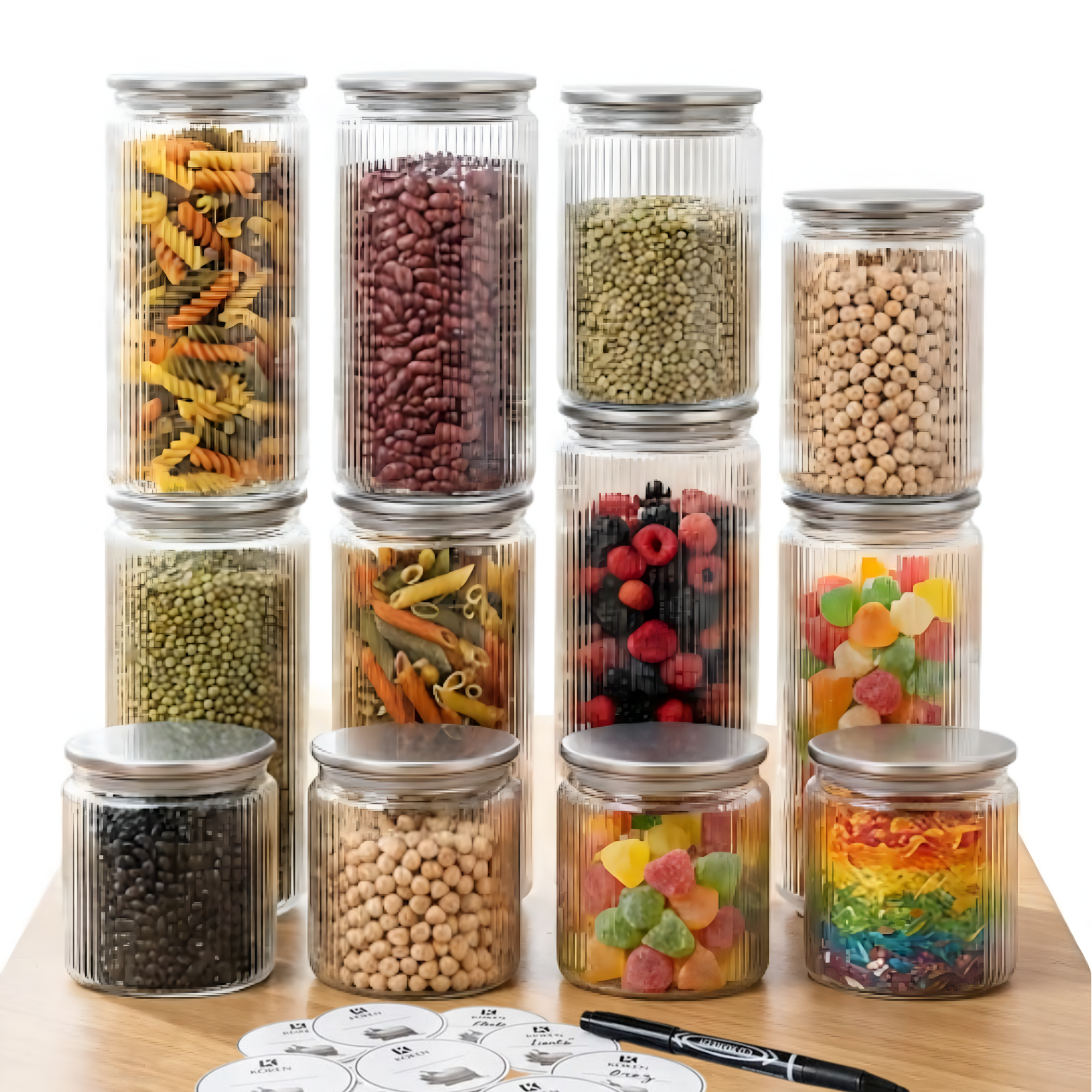 Set 12/15/18 Borcane din sticlă borosilicată Koken, Recipiente cu capac din plastic BPA Free si otel inoxidabil ermetic, pentru depozitarea alimentelor uscate și cereale