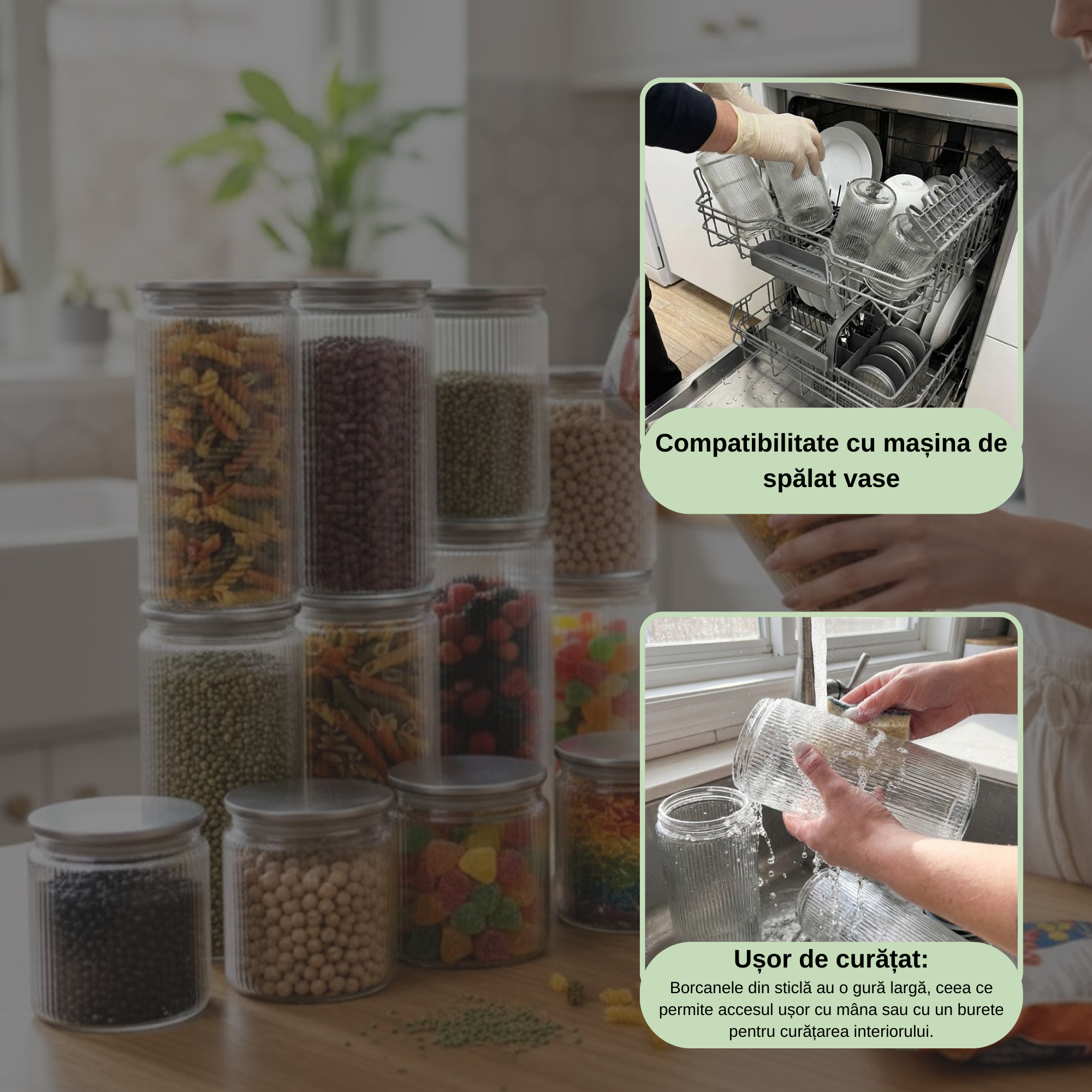 Set 6/7/9 Borcane din sticlă borosilicată Koken, Recipiente cu capac din plastic BPA Free si otel inoxidabil ermetic, pentru depozitarea alimentelor uscate și cereale