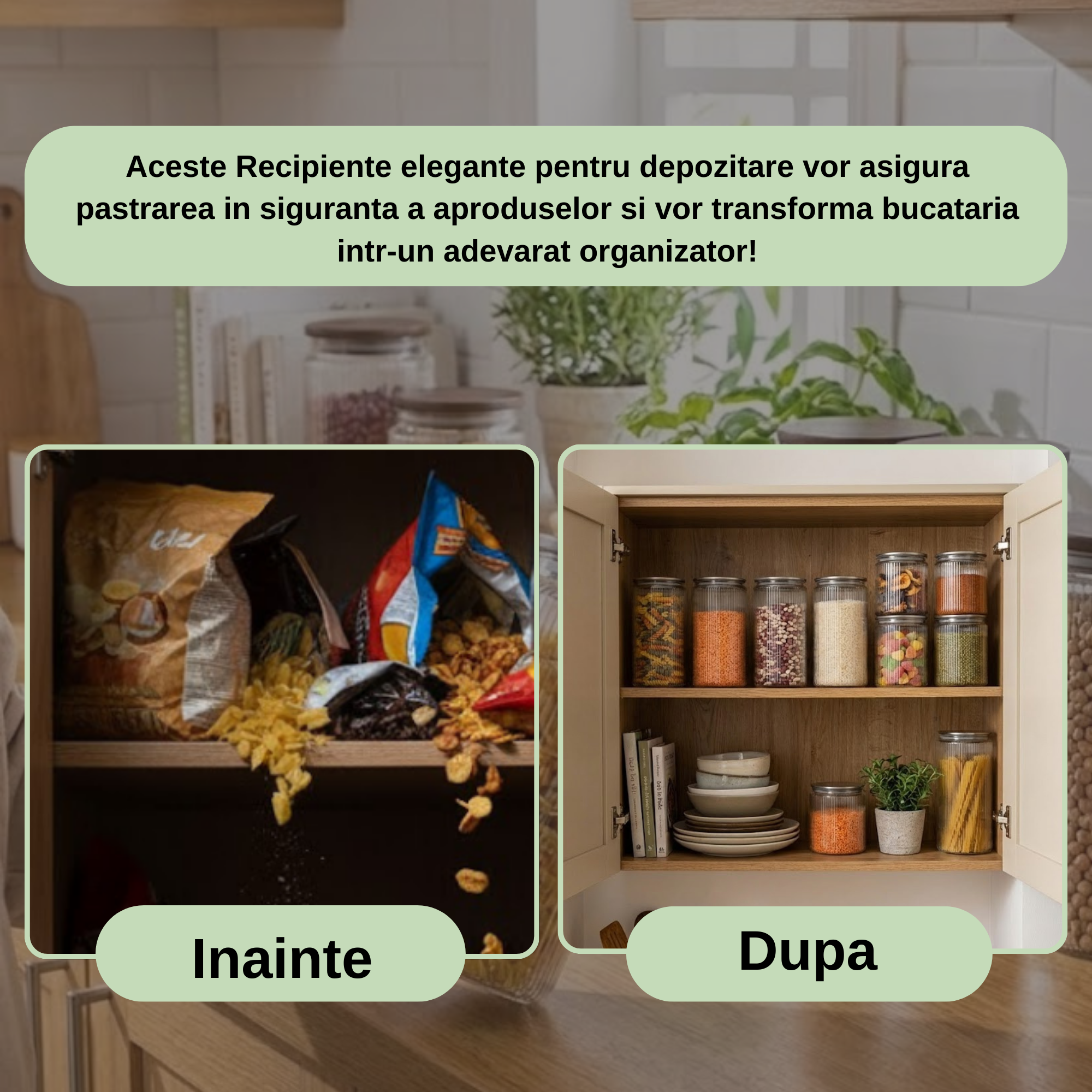 Set 6/7/9 Borcane din sticlă borosilicată Koken, Recipiente cu capac din plastic BPA Free si otel inoxidabil ermetic, pentru depozitarea alimentelor uscate și cereale