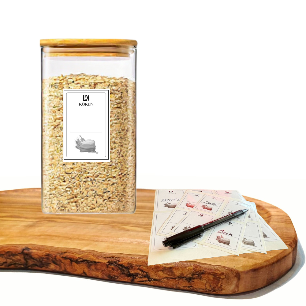 Recipient depozitare alimente, borcan de sticla cu capac etans de 1, 6 L, Koken cutie depozitare alimentara, Forma Patrata, Sticla Borosilicata/Capac Bambus, Transparent + Autocolante si markere
