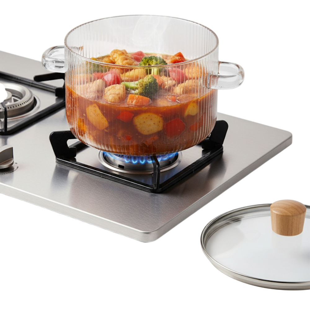 In poza este aratata o oala din sticla borosilicate rezistenta la temperaturi ridicate 
