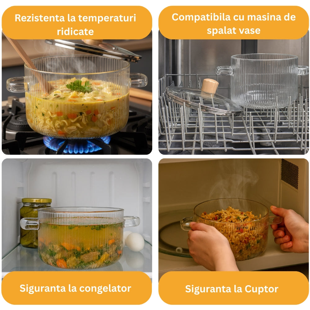 2L Borosilicate Glass Pot for Gas Stove, with Lid and Koken Handles, Heat Resistance 130 °C, Durable Saucepan, Transparent Glass/Wood