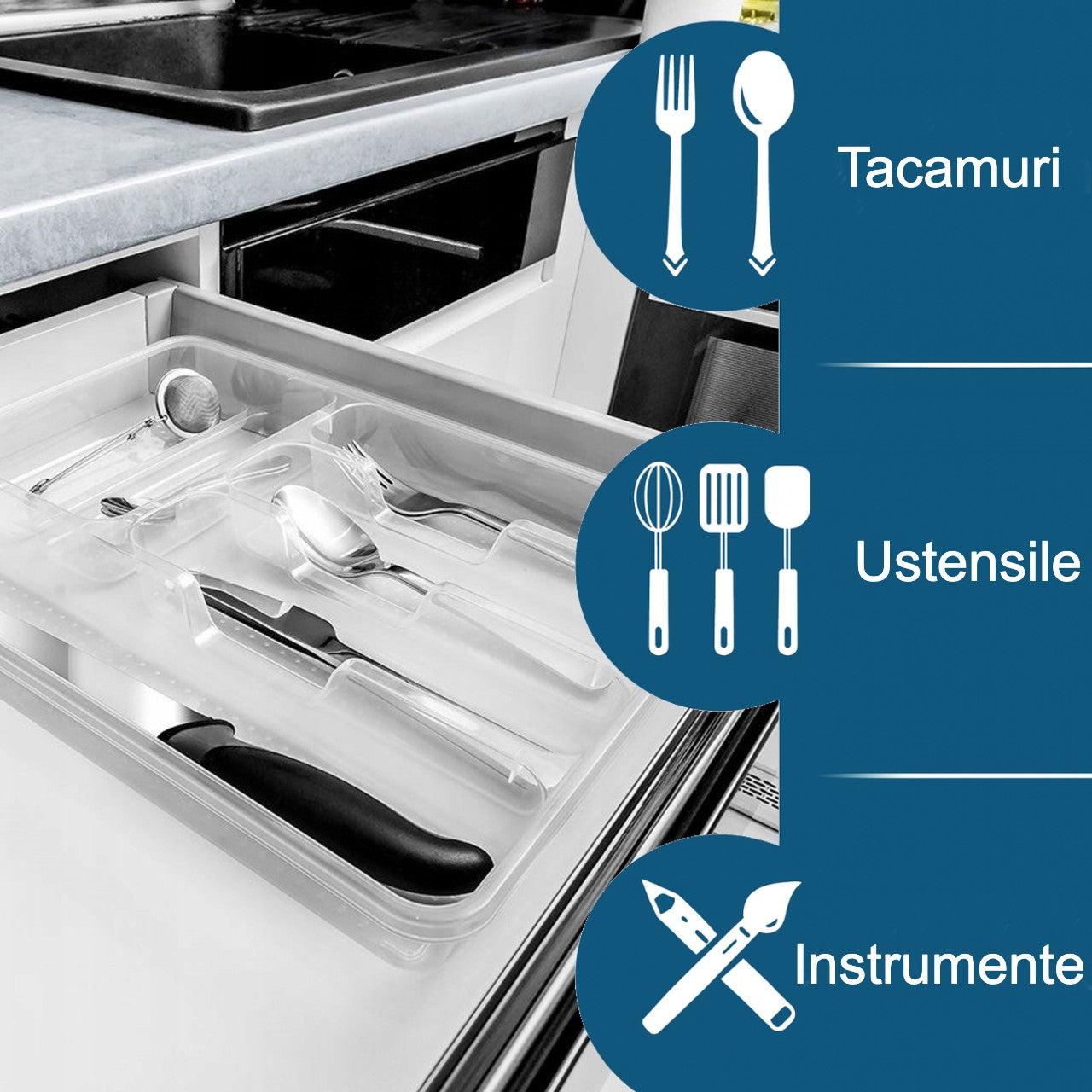 Organizator tacamuri/ustensile/instrumente Koken, intr-un sertar de bucatarie.