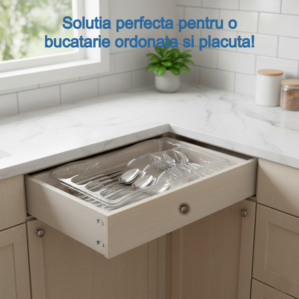 Organizatorul transparent Koken intr-un sertar din bucatarie.