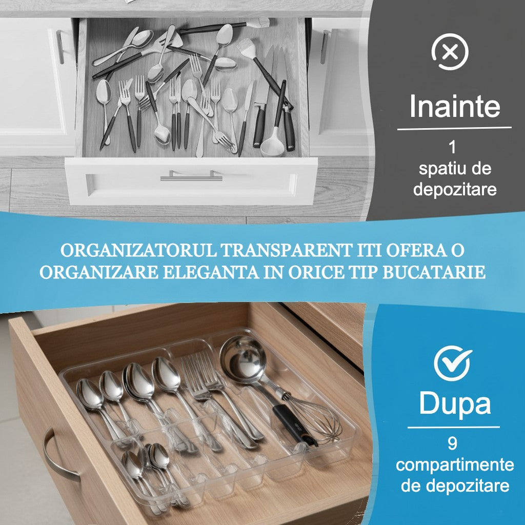 Organizatorul de tacamuri Koken in comparatie cu un sertar cu tacamuri neorganizat.