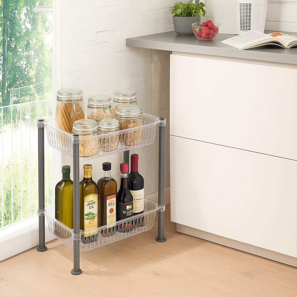 Raft organizator Koken cu 2 niveluri plasat in bucatarie langa mobila de bucatarie cu borcanase si sticle cu diferite alimente.