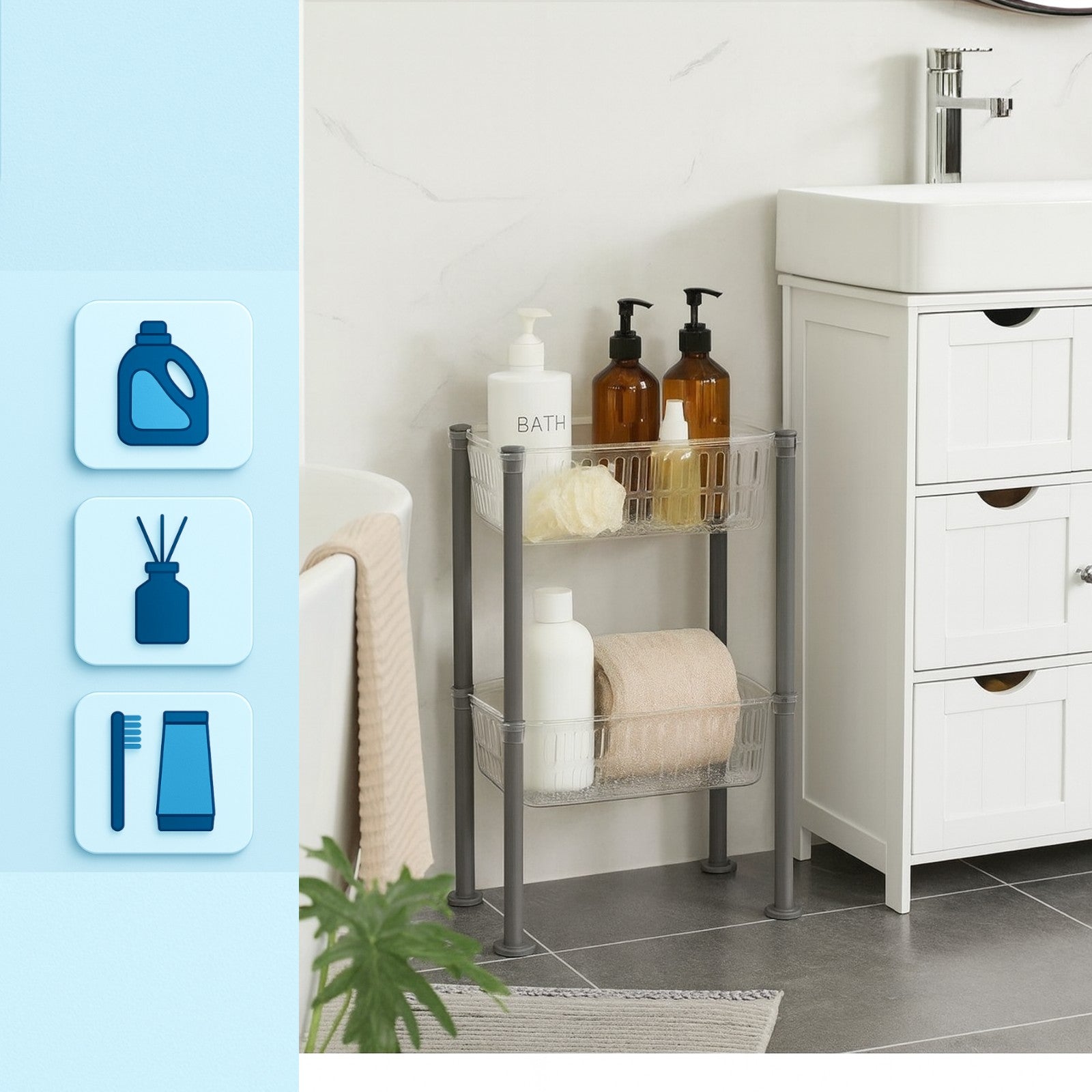 Raft organizator in baie fix langa dulapul cu chiuveta. Design minimalist cu sertare transparente.
