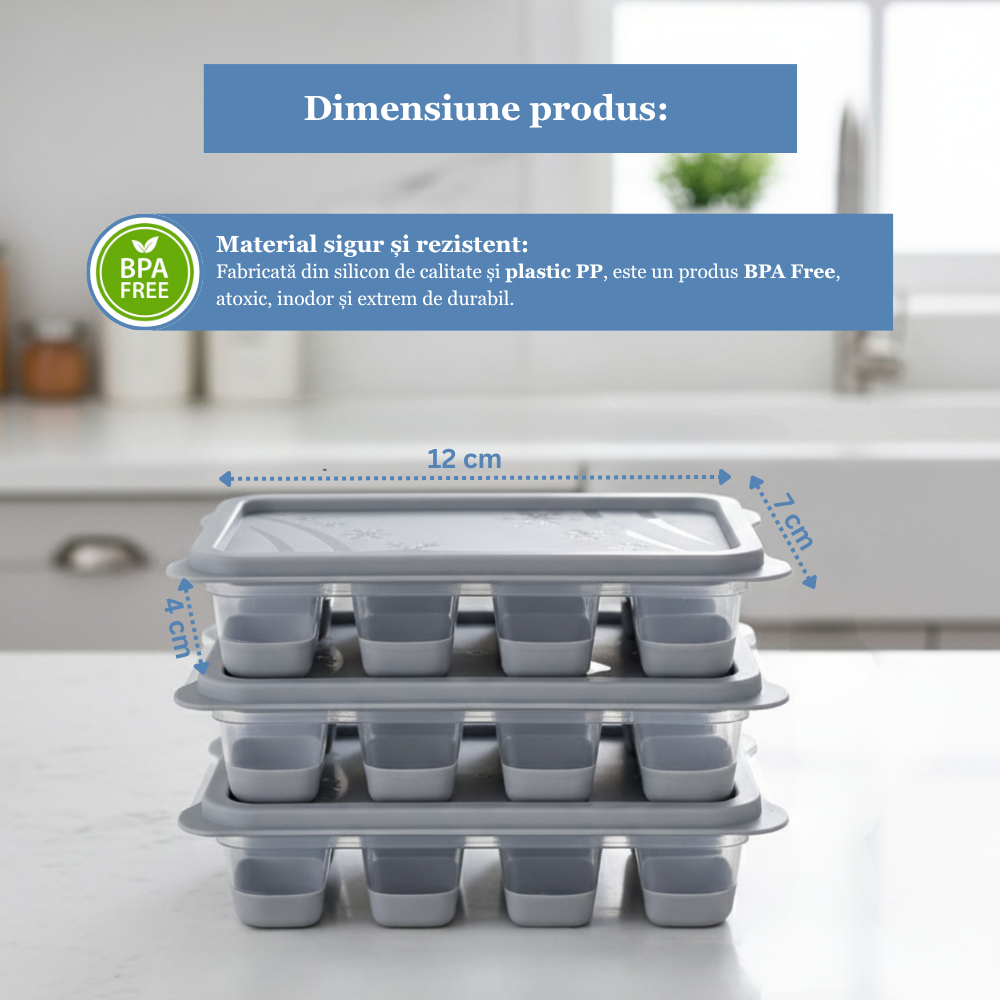 Set 3 Forme Pentru Cuburi De Gheata Koken, Matrita din Plastic PP, Silicon alimentar, 24 cuburi, cu Capac, BPA Free, Gri, 12x7x4 cm