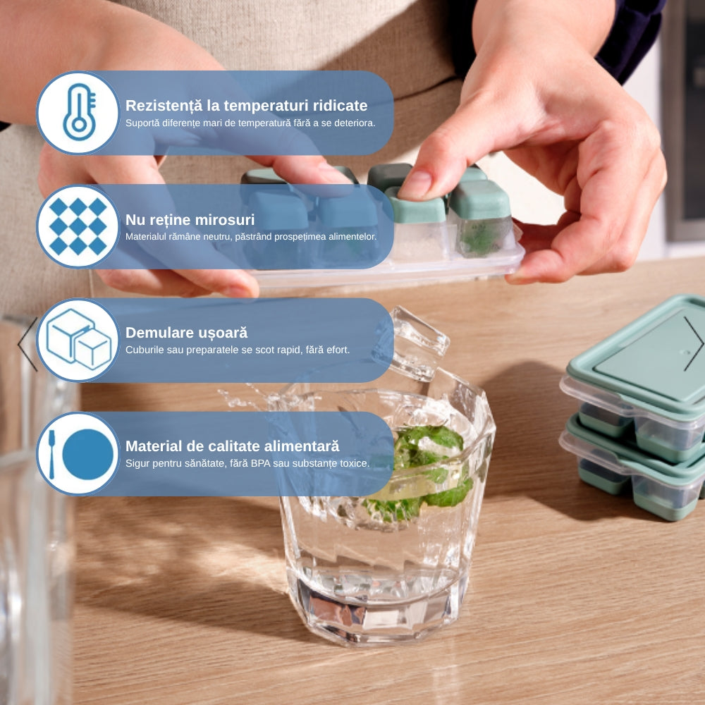 Set 3 Forme Pentru Cuburi De Gheata Koken, Matrita din Plastic PP, Silicon alimentar, 24 cuburi, cu Capac, BPA Free, Gri, 12x7x4 cm