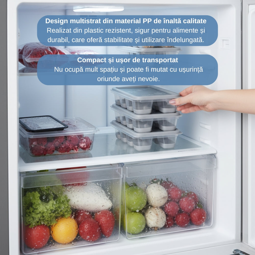 Set 3 Forme Pentru Cuburi De Gheata Koken, Matrita din Plastic PP, Silicon alimentar, 24 cuburi, cu Capac, BPA Free, Gri, 12x7x4 cm