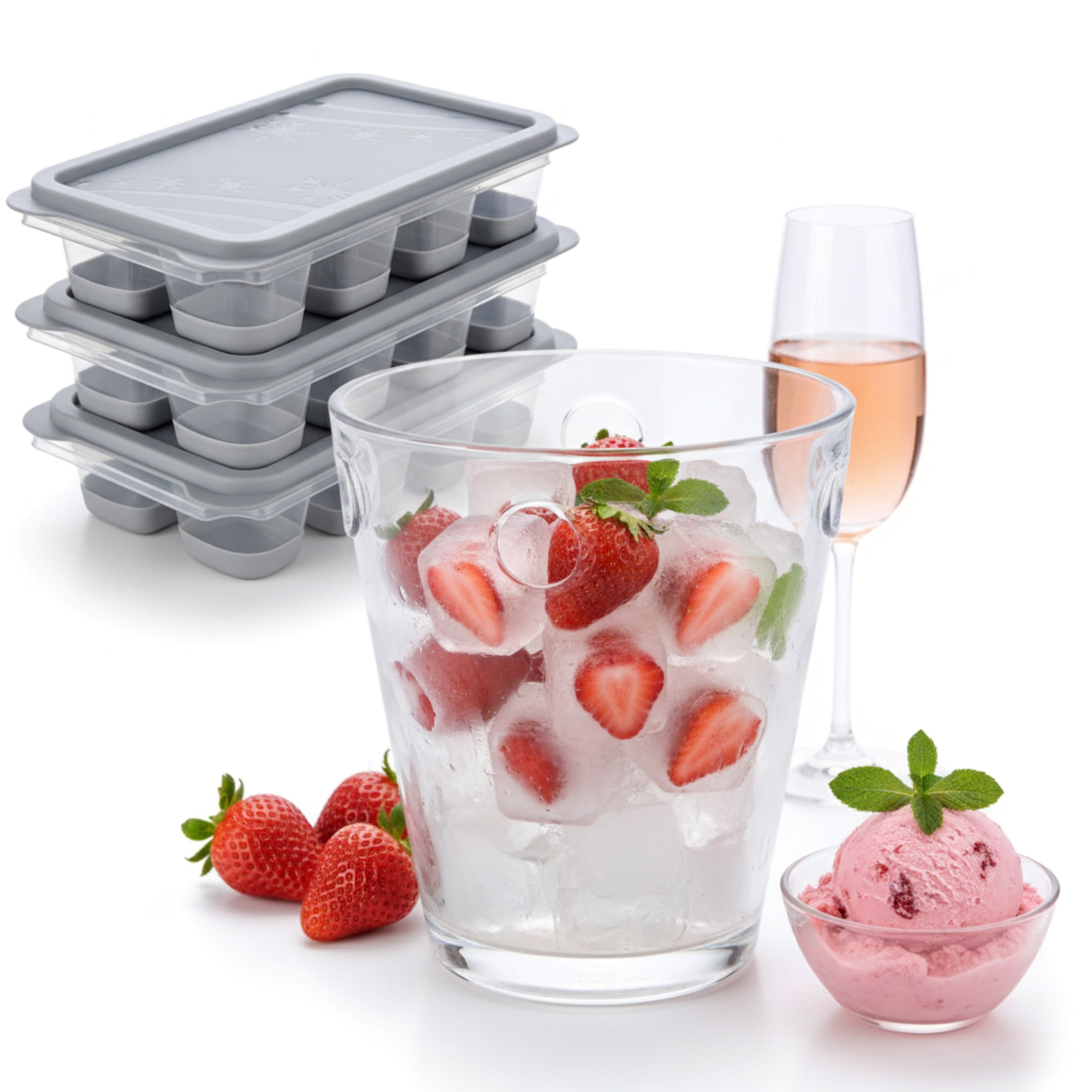 Set 3 Forme Pentru Cuburi De Gheata Koken, Matrita din Plastic PP, Silicon alimentar, 24 cuburi, cu Capac, BPA Free, Gri, 12x7x4 cm