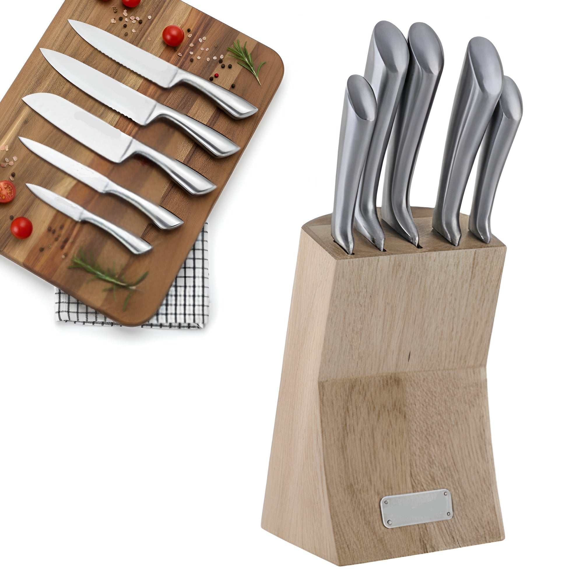 Set din 6 cutite din inox cu suport din lemn masiv.