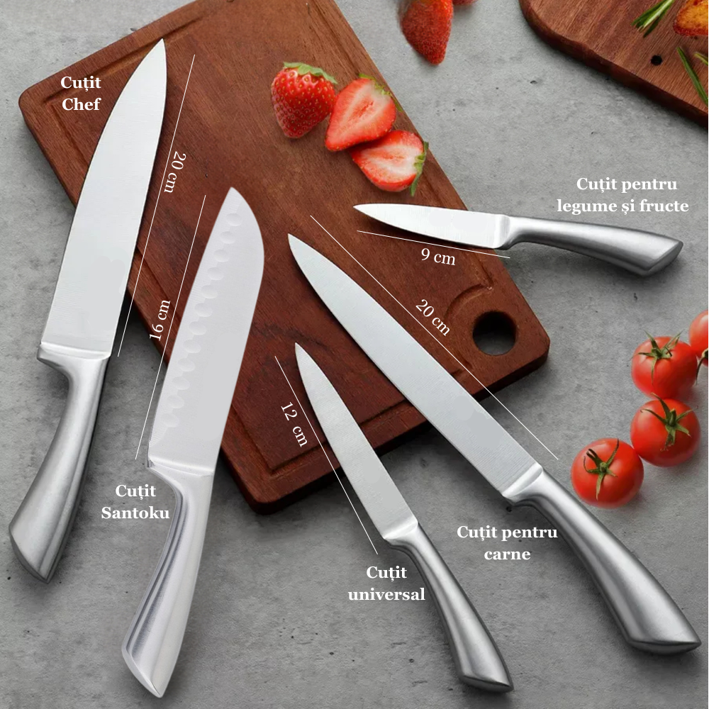 Set din 6 cutite din inox Koken cu marimile si tipurile de cutit diferite. Cutit chef 20cm, Cutit Santoku 16 cm, Cutit universal 12cm, Cutit pentru carne 20cm, Cutit pentru legume si fructe 9cm.