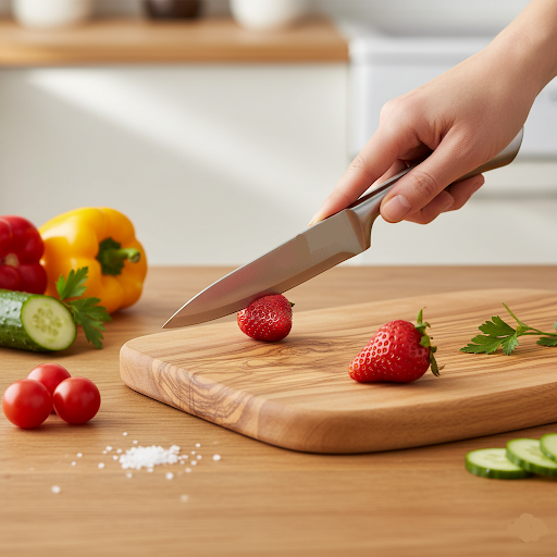 Cutit koken foarte ascutit din inox taie o capsuna pe un tocator din lemn.