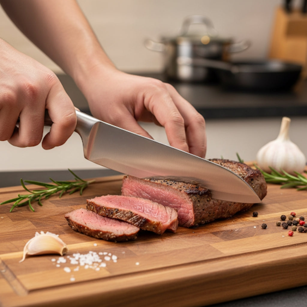 Cutitul din set Koken feliaza cu precizie si usurinta o bucata de carne pe un tocator din lemn.