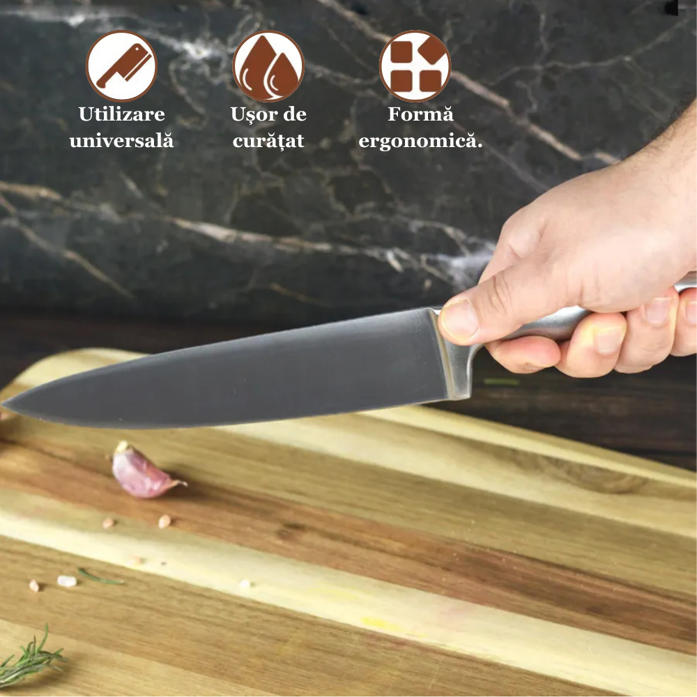 Cutitul din inox Koken foarte ascutit cu beneficiile sale: Utilizare universala, usor de curatat, forma ergonomica.