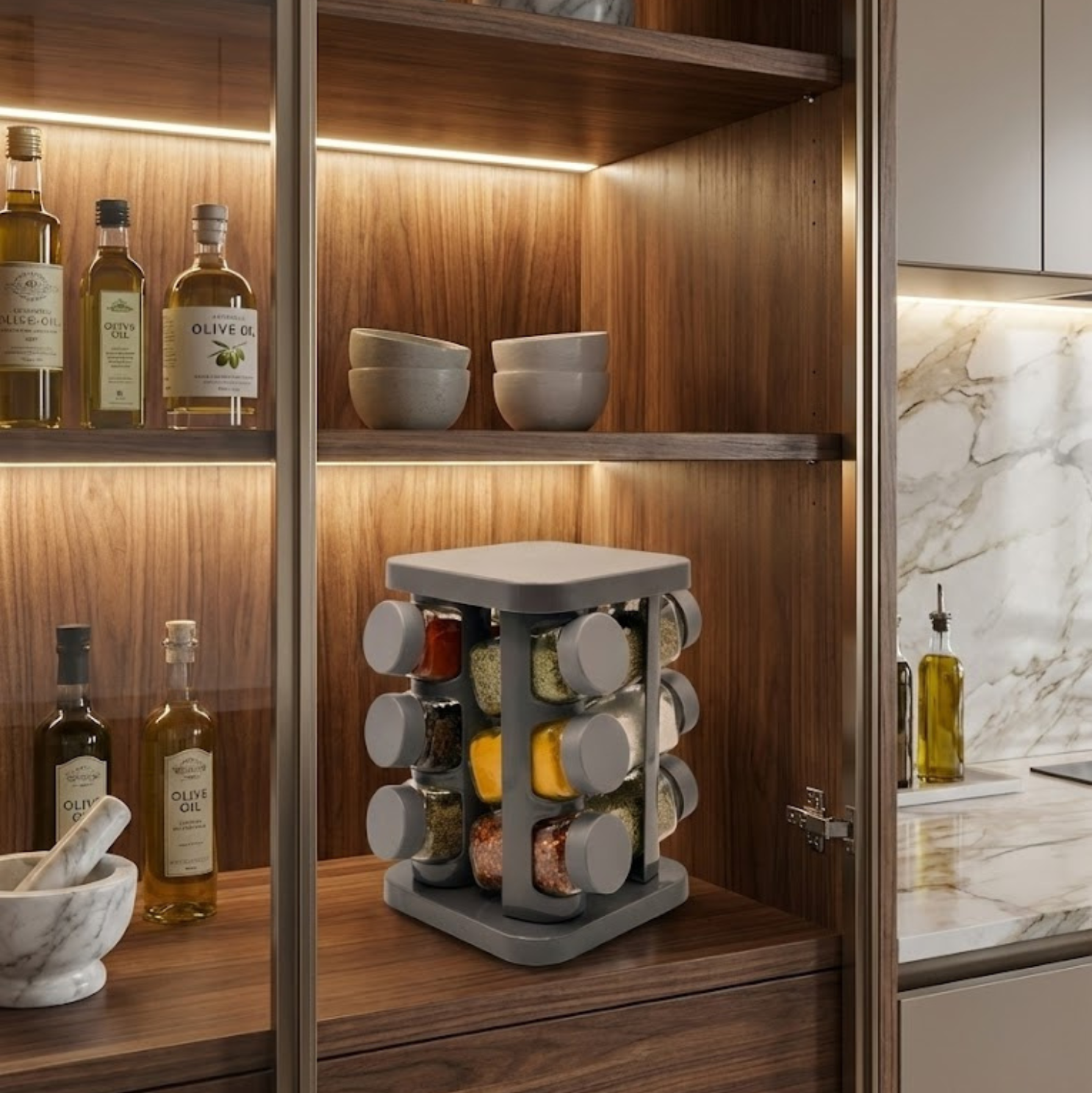 suport condimente Koken negru cu 12 borcane din sticla, organizare eficienta in dulapul de bucatarie, langa borcane cu paste si zahar