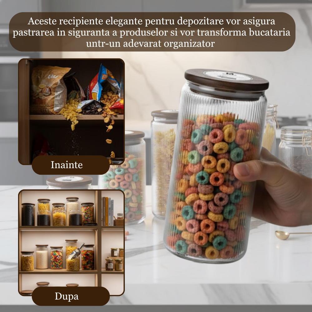 Set Borcane din sticlă borosilicată cu capac din bambus etanș Koken, Recipiente cu capac din bambus ermetic, pentru depozitarea alimentelor uscate și cerealelor