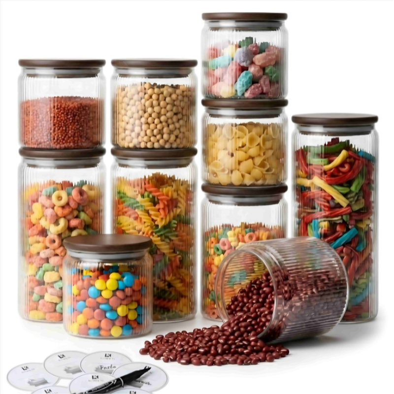 Set Borcane din sticlă borosilicată cu capac din bambus etanș Koken, Recipiente cu capac din bambus ermetic, pentru depozitarea alimentelor uscate și cerealelor