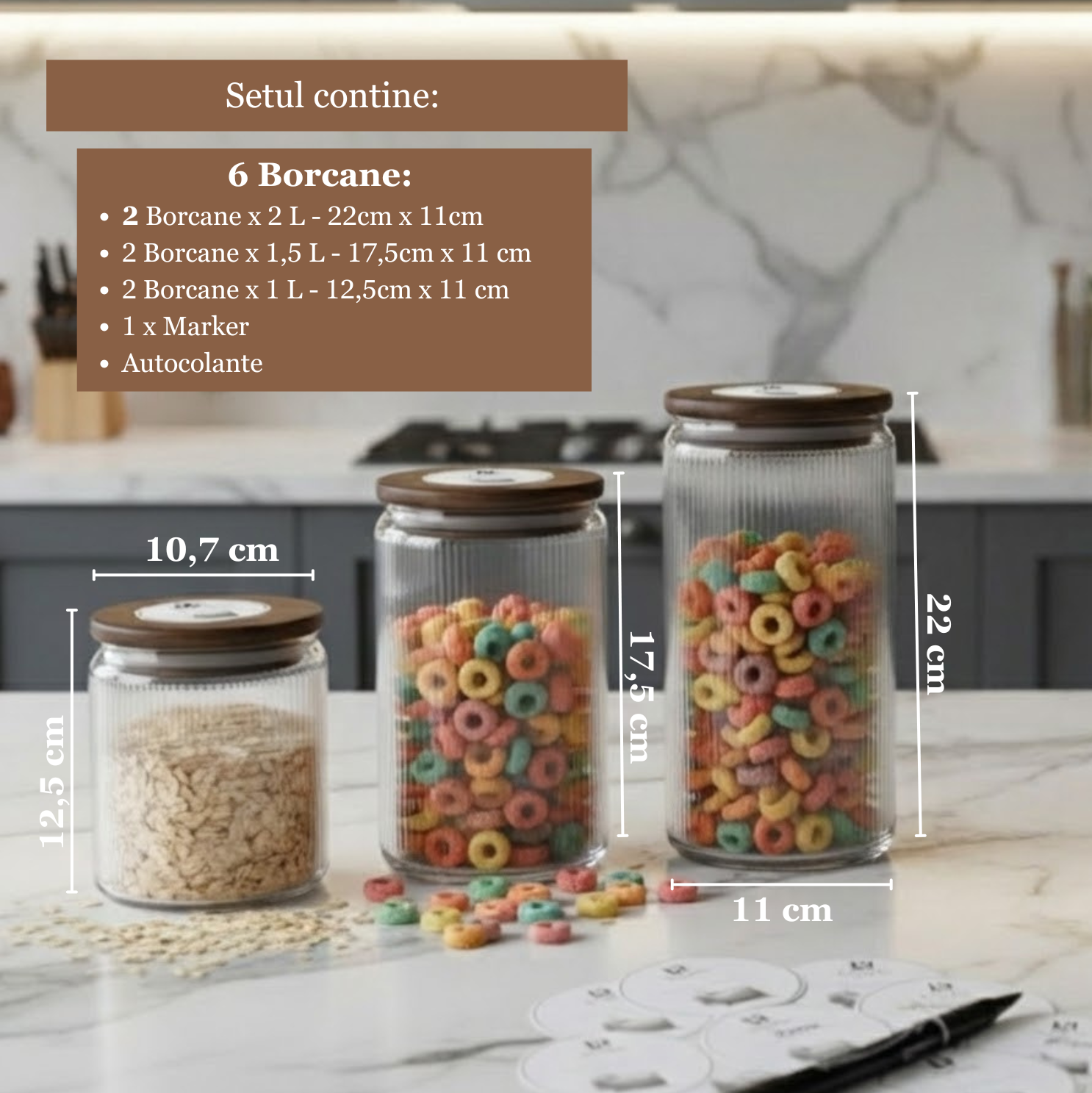 Set Borcane din sticlă borosilicată cu capac din bambus etanș Koken, Recipiente cu capac din bambus ermetic, pentru depozitarea alimentelor uscate și cerealelor