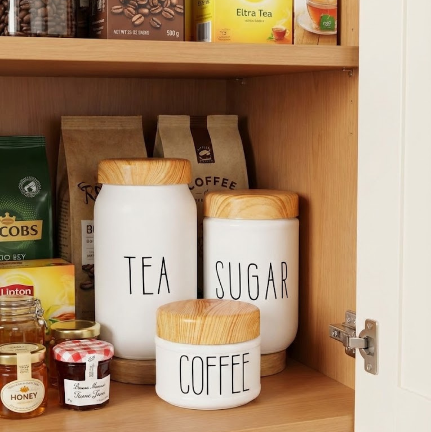 Set 3 Recipiente sticla cu capac de plastic fara BPA, Koken, Borcane inscriptionate cu SUGAR, TEA COFFEE, Alb