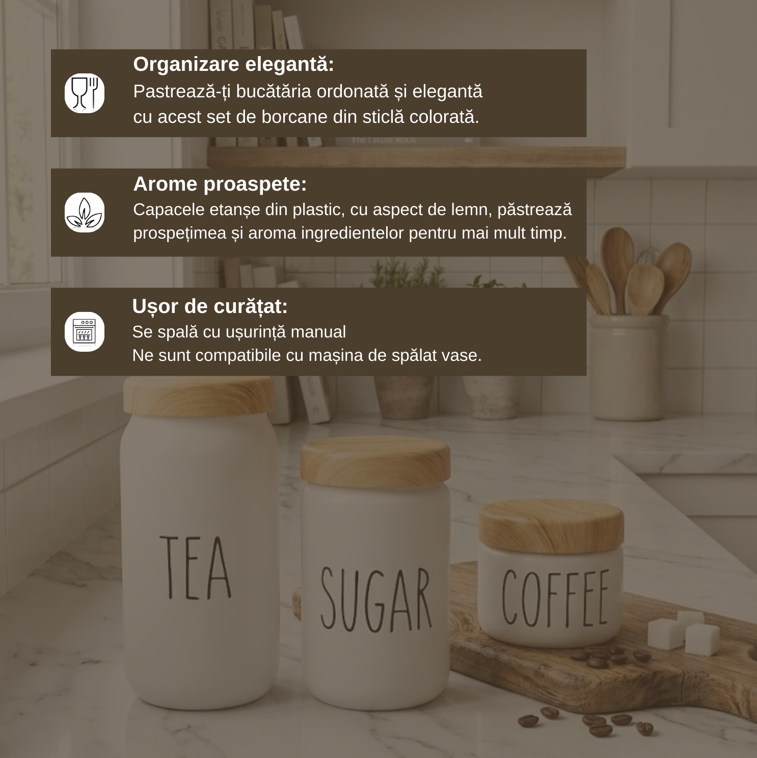 Set 3 Recipiente sticla cu capac de plastic fara BPA, Koken, Borcane inscriptionate cu SUGAR, TEA COFFEE, Alb