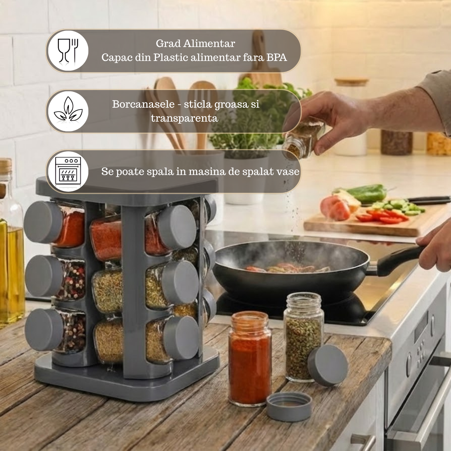 Set 12 recipiente pentru condimente cu suport Koken, sare/piper/paprika, design ergonomic, economisire spatiu, sticla groasa, capace plastic fara BPA, Gri