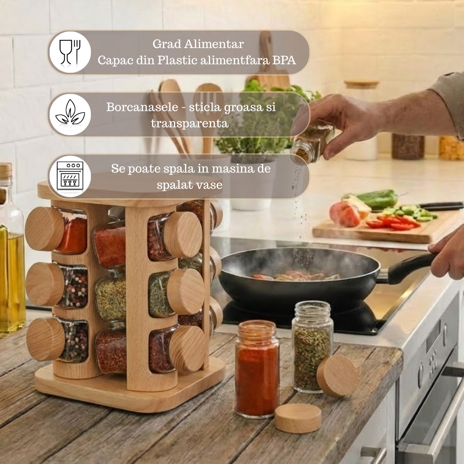 Set 12 recipiente pentru condimente cu suport din plastic imitatie lemn Koken, sare/piper/paprika, compact si functional, sticla groasa, capace din plastic, transparent