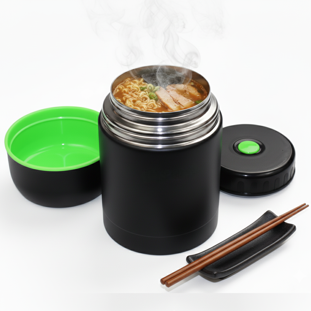 Termos pentru supa si mancare Koken, capacitate un litru, din inox. Capac mare care poate fi folosit ca bol, capac izolator cu supapa pentru presiune in centru si niste betisoare chinezesti pentru mancare ca decor.
