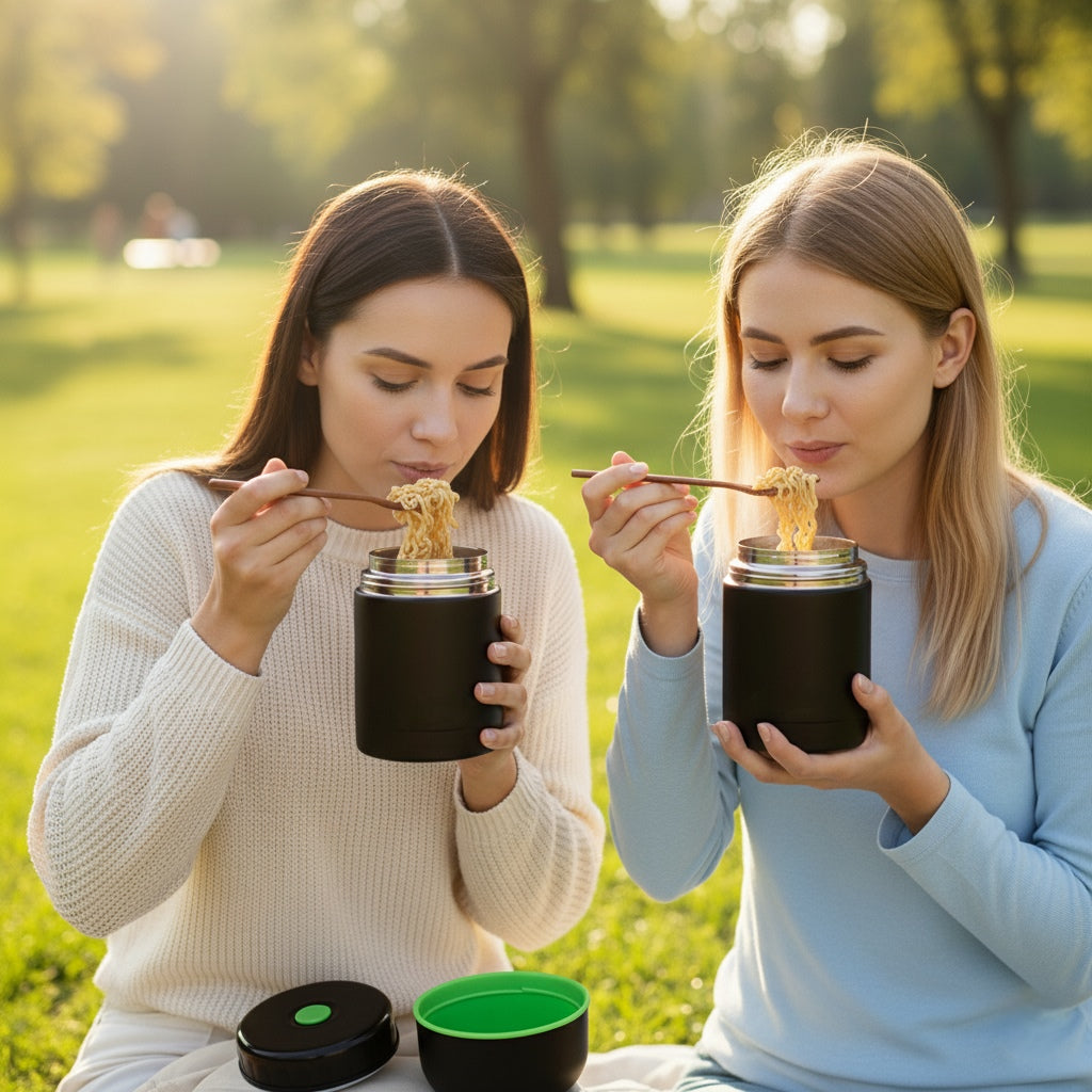 Doua domnisoare una blonda alta bruneta mananca la natura din termos negru pentru supa si mancare Koken. 