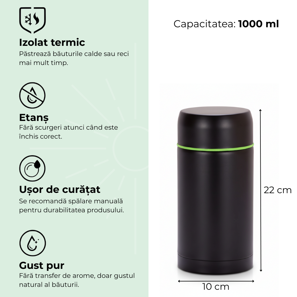 Termosul pentru supa si mancare Koken in poza cu dimensiuni si beneficiile sale. Inaltimea 22 cm, latimea 10 cm, este izolat bine termic, etans, usor de curatat, fara transfer de arome.