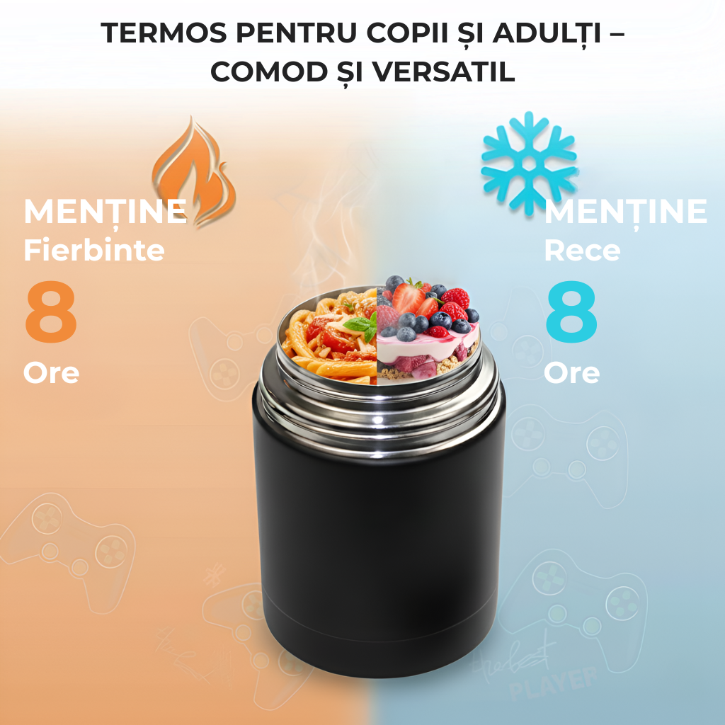 Termosul pentru mancare si supa Koken pe jumatate umplut cu paste pe cealalata cu un desert rece cu fructe de padure si capsuni. Reflecta capacitatea de mentinere a temperaturii fierbinti 8 ore, la fel si a celei reci.