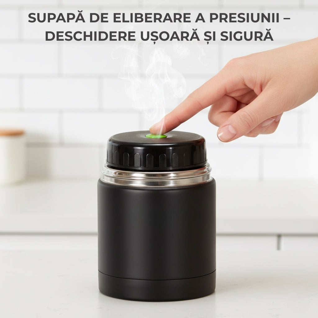 Termos negru pentru mancare si supa Koken, se afla pe masa, o domnisoara apasa cu degetul peste supapa ca sa iasa presiunea excesiva din termos. Ofera o deschidere ulterioara usoara si sigura a termosului.