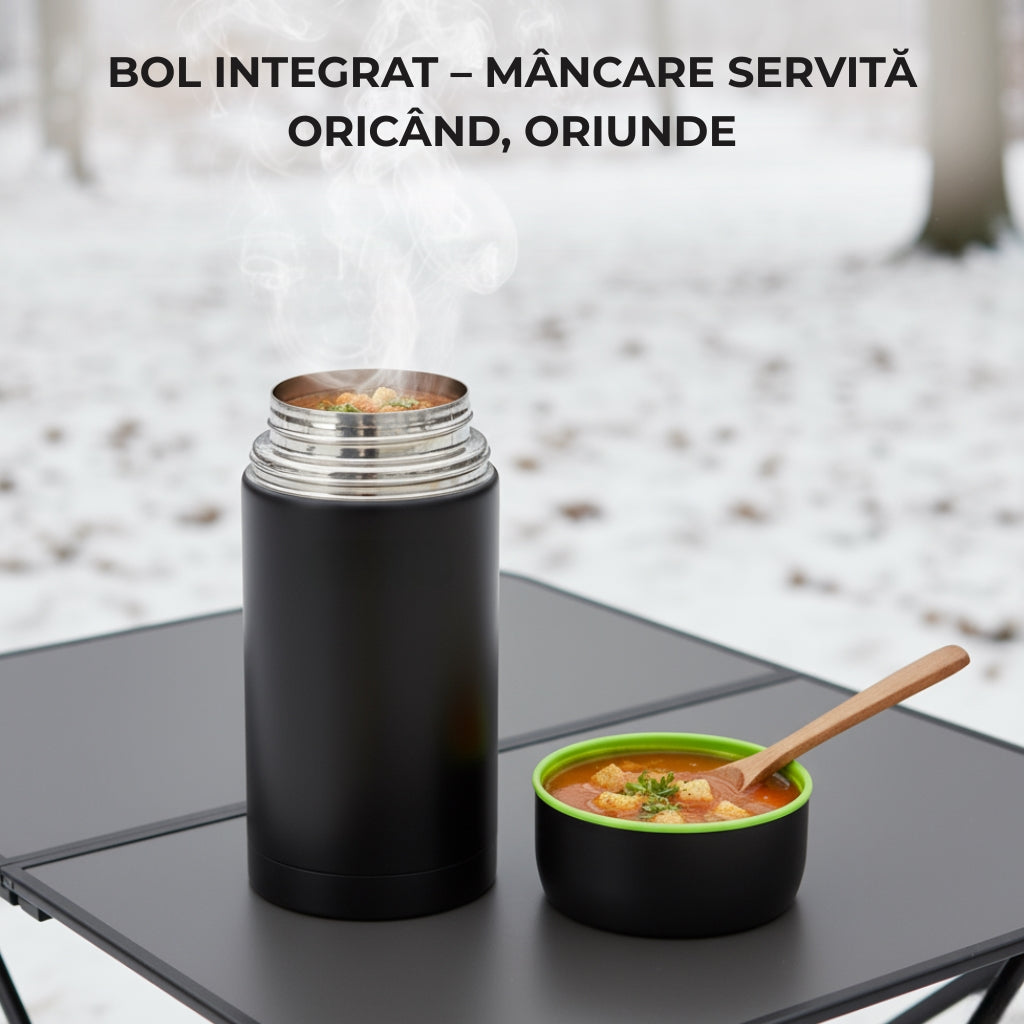Termos negru pentru supa si mancare Koken cu capac care e bol. Mancare servita oricand si oriunde.