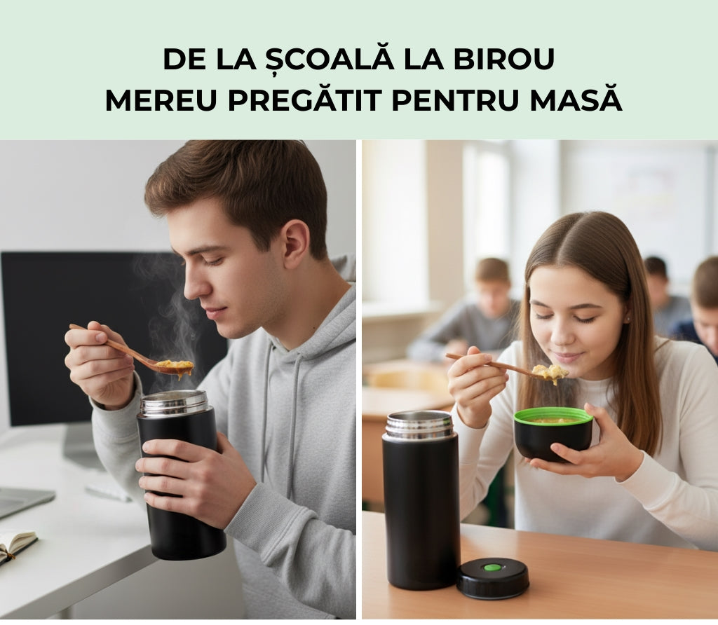 Un baiat mananca la birou din termos Koken mancare fierbinte si o fetita adolescenta mananca din termosul Koken supa crema la scoala. De la scoala la birou mereu pregatit pentru masa.